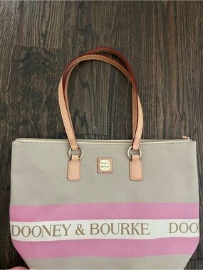 Dooney & Bourke Beige Canvas Tote with Pink Stripes and Tan Handles
